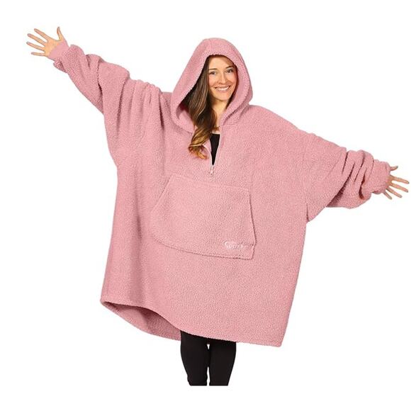 Comfy Women’s Cozy Comfort Wearable Blanket Quarter-Zip Oversized Hoodie Pink - Picture 1 of 8